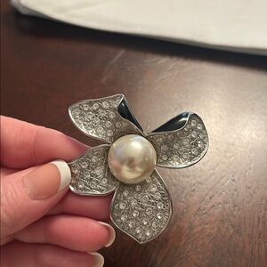 Talbots Rhinestone, Silver and Pearl Flower Brooch
